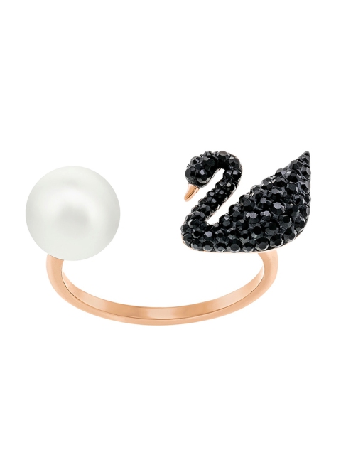 

SWAROVSKI Rose Gold-Plated Black Crystal Studded Iconic Swan Finger Ring