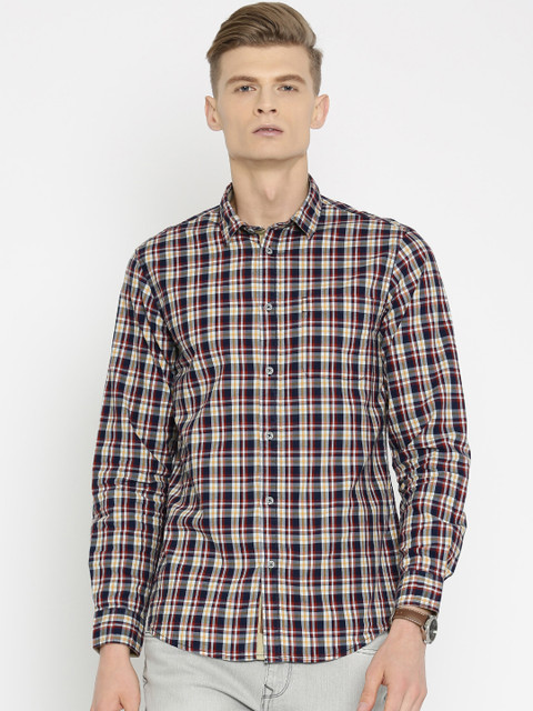 

Arrow Blue Jean Co. Men Navy & Maroon Slim Fit Checked Casual Shirt, Navy blue
