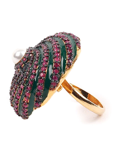 

ODETTE Women Gold-Plated Red & Green Embellished Finger Ring