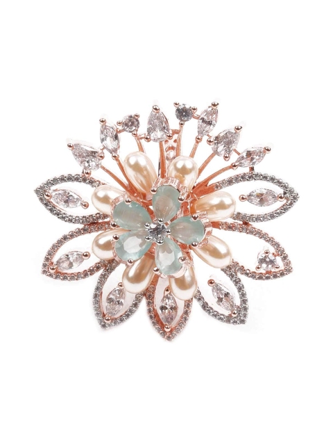 

ODETTE Rose Gold-Toned Green & White Stone Studded Adjustable Finger Ring