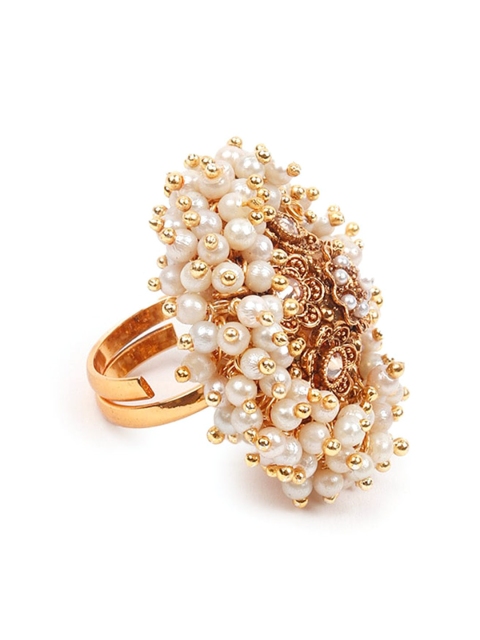 

ODETTE Women Gold Toned White Pearls Embellished Adjustable Ring