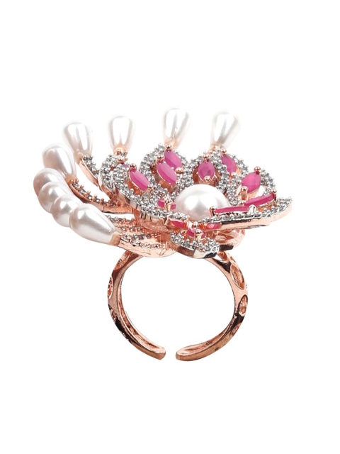 

ODETTE Rose Gold-Toned Pink & White Stone-Studded Adjustable Finger Ring