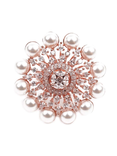 

ODETTE Rose Gold-Toned & White Austrian Diamond Stone Studded & Pearls Beaded Ring