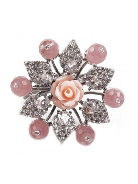 

ODETTE Silver-Toned White & Pink Austrian Diamond Studded Adjustable Finger Ring