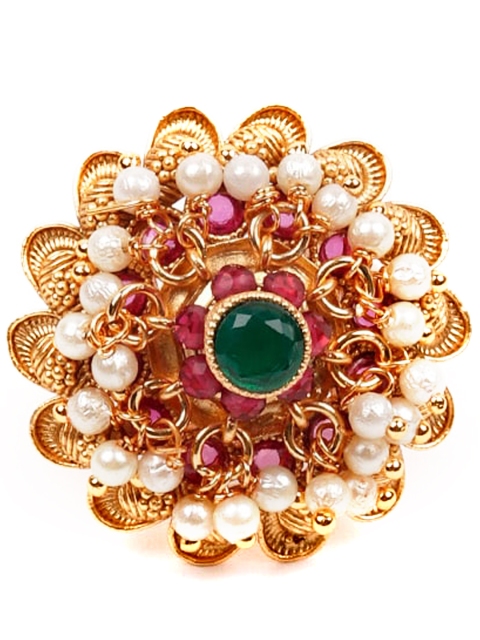 

ODETTE Gold-Toned & Green Stone Studded & Beaded Finger Ring