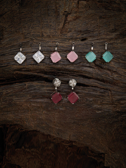 

Kushal's Fashion Jewellery Pack of 4 Blue & Pink Rhodium-Plated Square Drop Earrings