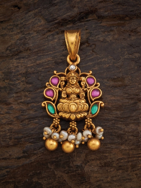 

Kushal's Fashion Jewellery Women Rhodium-Plated Green & Red Stone Stud & Beaded Pendant, Gold