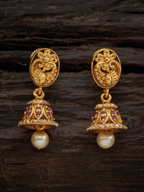 

Kushal's Fashion Jewellery Gold-Plated Off White Peacock Shaped Jhumkas Earrings