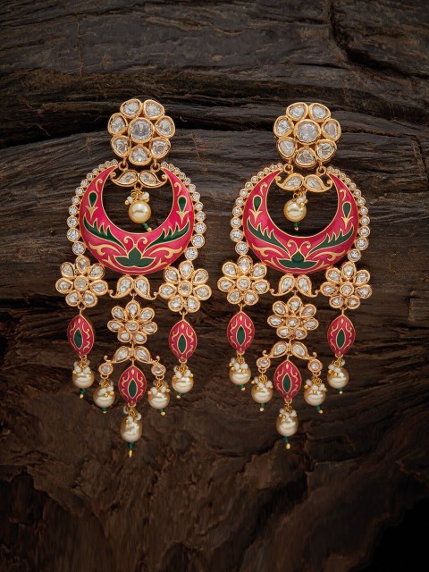 

Kushal's Fashion Jewellery Women Pink & White Kundan Chandbalis Earrings