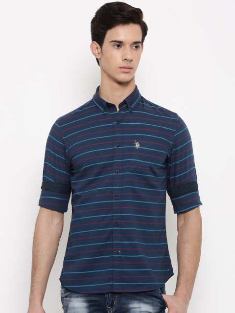 

U.S. Polo Assn. Men Navy Blue & Red Tailored Fit Striped Casual Shirt
