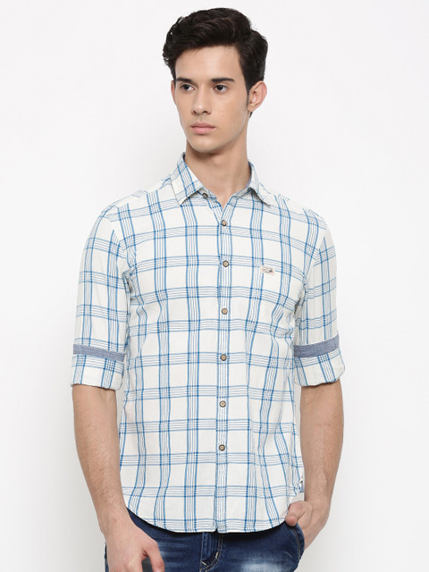 

U.S. Polo Assn. Denim Co. Men Off-White & Blue Regular Fit Checked Casual Shirt