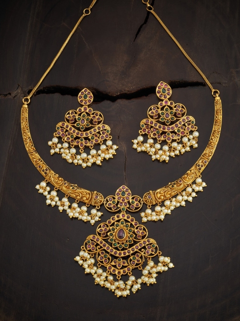 

Kushal's Fashion Jewellery Gold-Plated Red & Green Stone-Studded & Beaded Jewellery Set