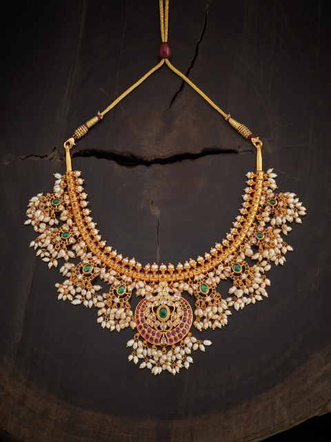 

Kushals Fashion Jewellery 92.5 Silver Gold-Toned Green Silver Temple Necklace