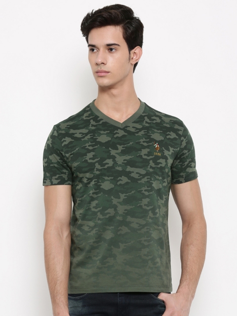 

U.S. Polo Assn. Denim Co. Men Olive Green Camouflage Print V-Neck T-shirt