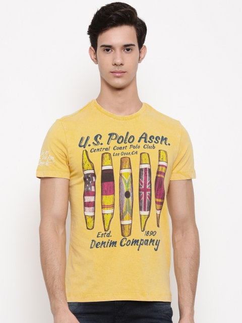 

U.S. Polo Assn. Denim Co. Men Yellow Printed Round Neck Pure Cotton T-shirt