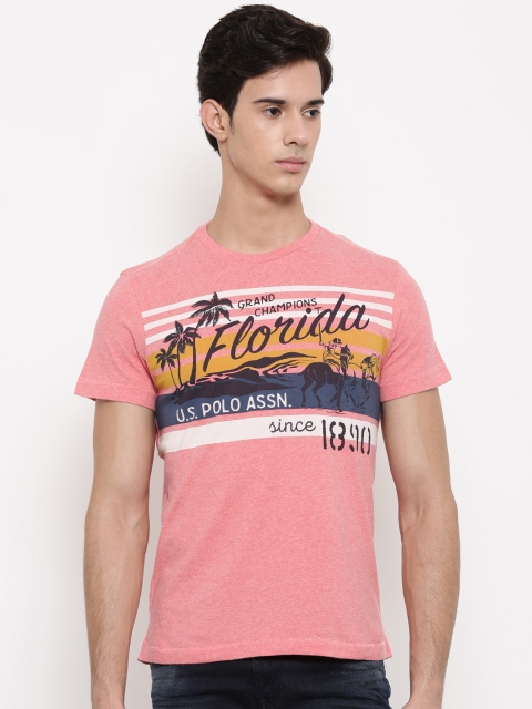 

U.S. Polo Assn. Men Coral Pink Printed Round Neck Pure Cotton T-shirt
