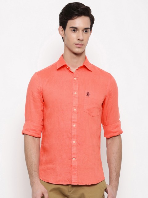 

U.S. Polo Assn. Men Coral Red Tailored Fit Solid Casual Shirt