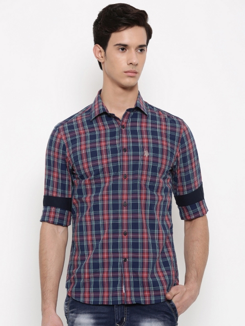

U.S. Polo Assn. Men Navy Blue & Maroon Tailored Fit Checked Casual Shirt