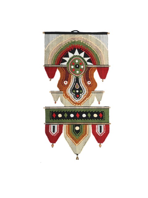 

Exotic India Beige Colored & Green Cotton Art With Beads & Bells, Multi