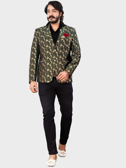 

amzira Men Black Woven Design Single Breasted Jodhpuri Blazers