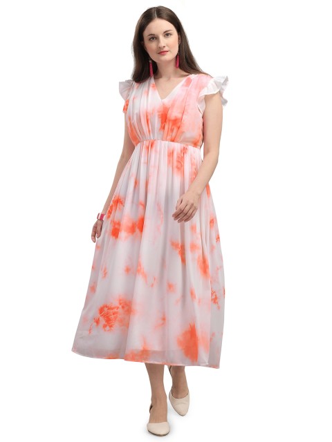 

VAANI CREATION Orange & White Tie and Dye Georgette Midi Dress