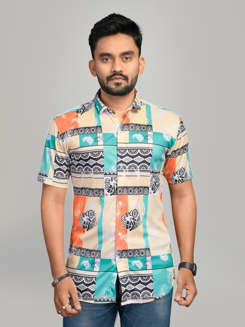 

Fashion FRICKS Men Turquoise Blue Classic Printed Casual Shirt
