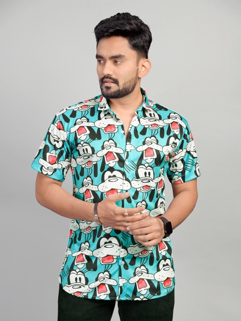 

Fashion FRICKS Men Turquoise Blue Classic Animal Printed Lycra Casual Shirt