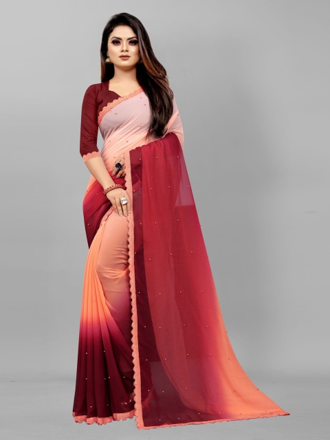 

Queenswear Creation Peach & Maroon Embellished Beads Pure Georgette Saree