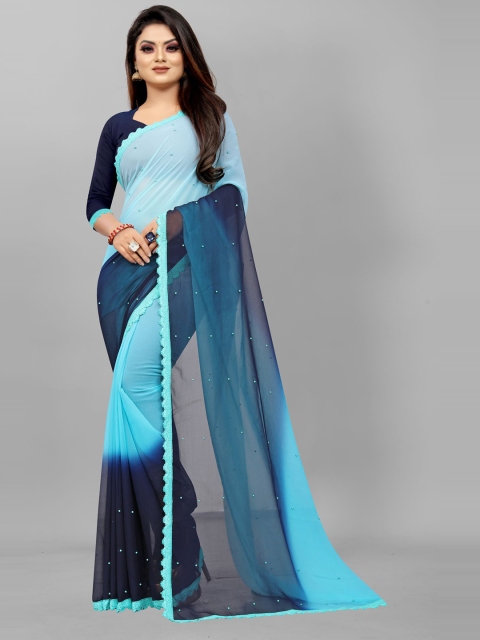 

Queenswear Creation Blue Embellished Beads and Stones Pure Georgette Ready to Wear Saree