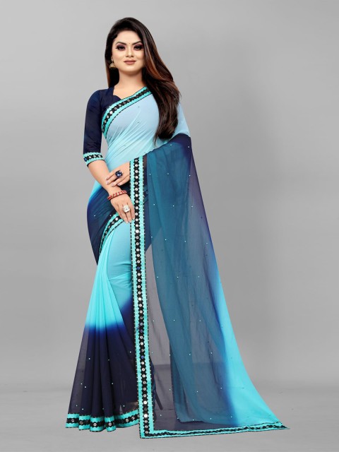 

Queenswear Creation Blue Embellished Beads and Stones Pure Georgette Saree