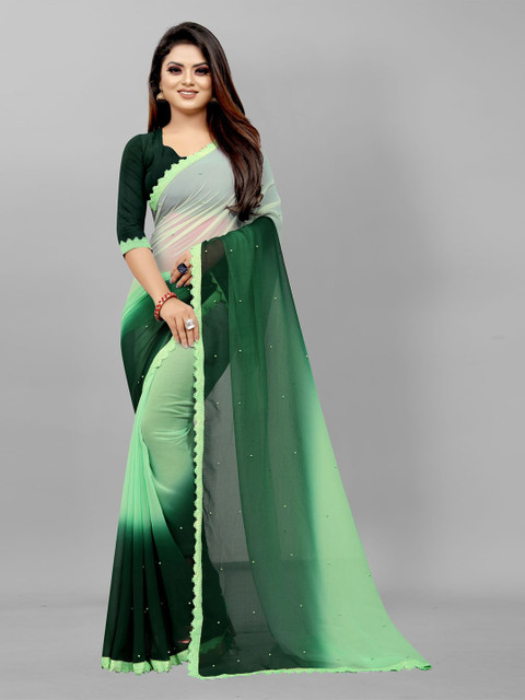 

Queenswear Creation Women Green Colourblocked Beads and Stones Pure Georgette Saree