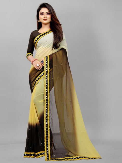 

Queenswear Creation Yellow Embellished Mirror Work Pure Georgette Saree
