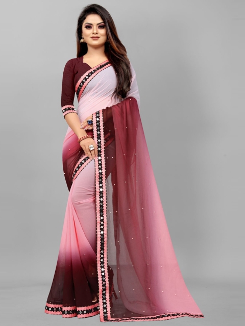 

Queenswear Creation Maroon & Pink Embellished Mirror Work Pure Georgette Saree