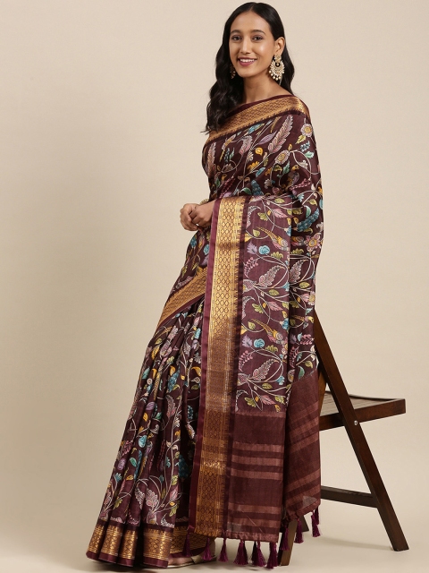 

Fashion FRICKS Brown & Gold-Toned Floral Zari Pure Silk Banarasi Saree