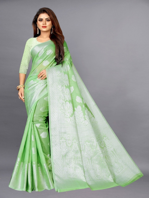 

Fashion FRICKS Green & Silver-Toned Woven Design Zari Pure Silk Banarasi Saree