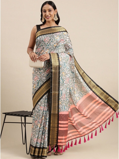 

Fashion FRICKS Grey & Orange Floral Zari Pure Silk Banarasi Saree