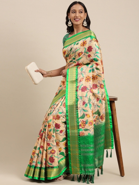 

Fashion FRICKS Green & Cream-Coloured Floral Zari Pure Silk Banarasi Saree