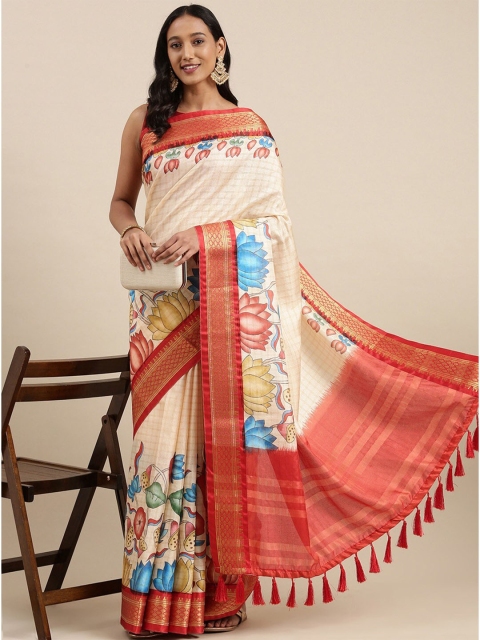 

Fashion FRICKS Cream-Coloured & Maroon Floral Zari Pure Silk Banarasi Saree