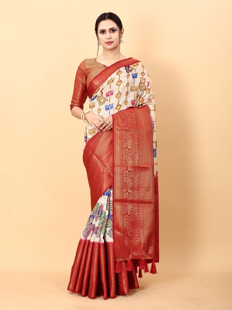

Fashion FRICKS Cream-Coloured & Red Floral Zari Pure Silk Banarasi Saree
