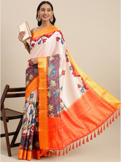 

Fashion FRICKS Orange & Cream-Coloured Floral Zari Pure Silk Banarasi Saree