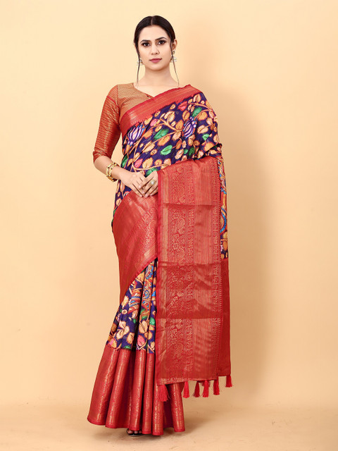 

Fashion FRICKS Women Blue & Red Ethnic Motifs Pure Silk Banarasi Saree