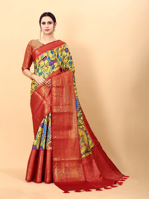 

Fashion FRICKS Yellow & Orange Floral Zari Pure Silk Banarasi Saree