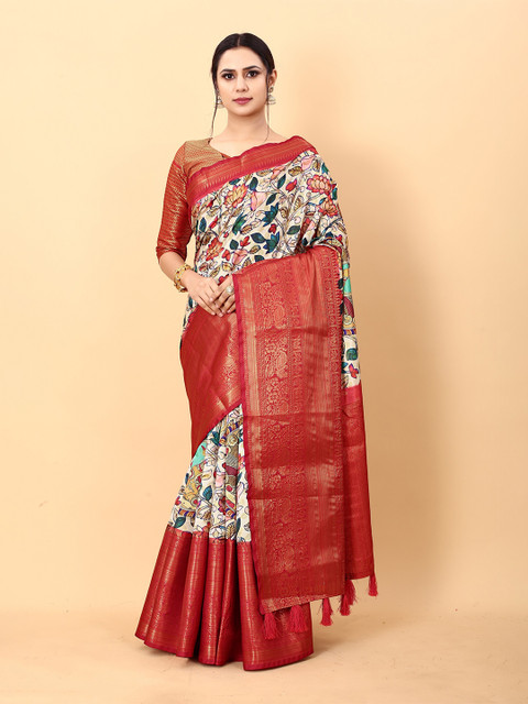 

Fashion FRICKS Beige & Orange Floral Zari Pure Silk Banarasi Saree
