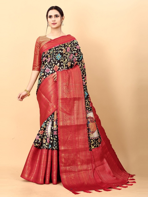 

Fashion FRICKS Women Black & Orange Floral Zari Pure Silk Banarasi Saree