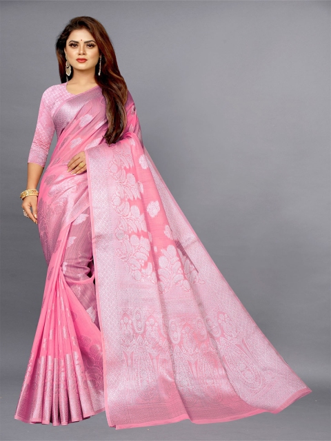 

Fashion FRICKS Pink & Silver-Toned Floral Zari Pure Silk Banarasi Saree