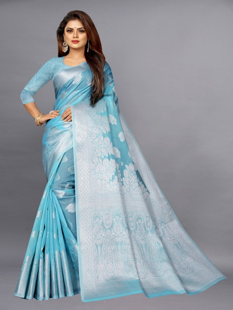 

Fashion FRICKS Blue & Silver-Toned Woven Design Zari Pure Silk Banarasi Saree