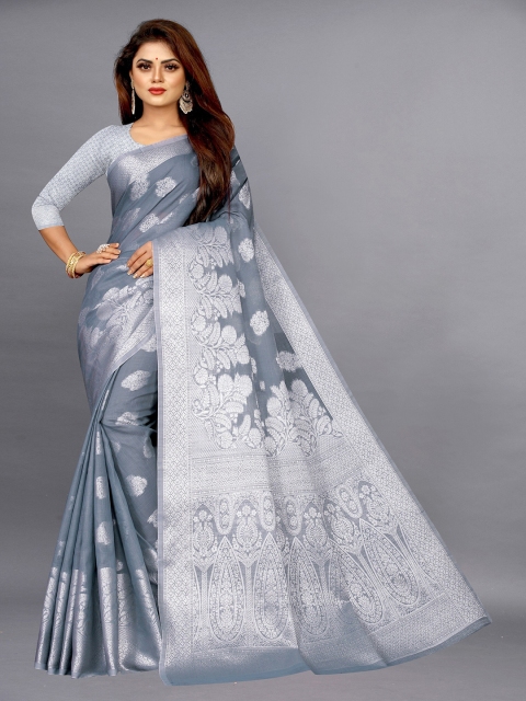 

Fashion FRICKS Grey & Silver-Toned Floral Zari Pure Silk Banarasi Saree