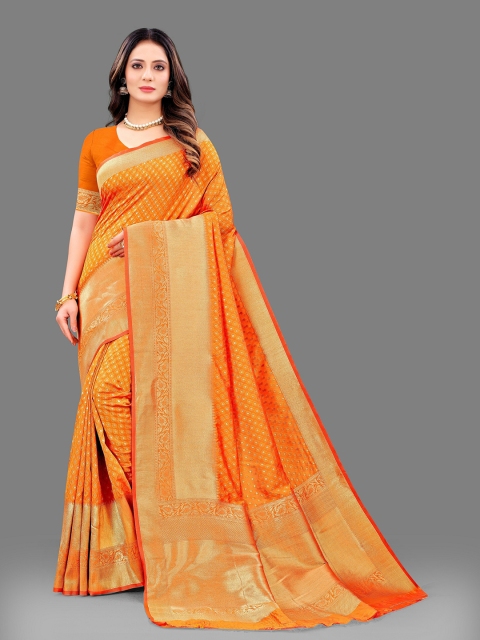 

Fashion FRICKS Coral & Gold-Toned Woven Design Zari Pure Silk Banarasi Saree