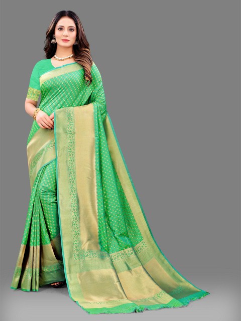 

Fashion FRICKS Green & Gold-Toned Woven Design Pure Silk Banarasi Saree