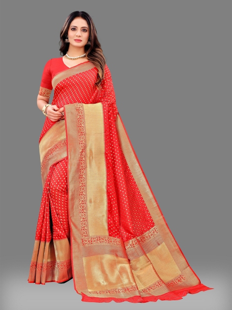 

Fashion FRICKS Orange & Gold-Toned Woven Design Zari Pure Silk Banarasi Saree